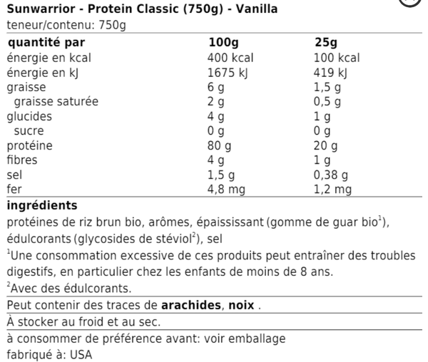 Protéine végétale Bio " Protein Classic Bio " - SunWarrior