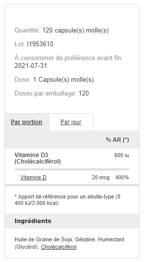 Vitamine D3 800ui - 120 gélules - Prozis