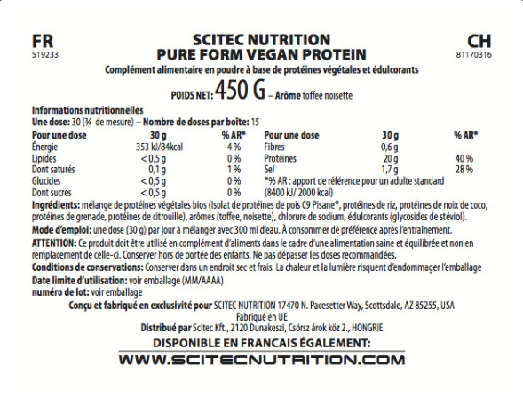 Protéine végétale " Pure form vegan protein " 450g - Scitec nutrition